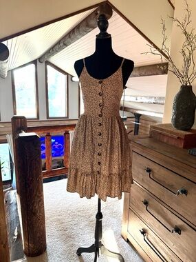 Button-Front Mini Sundress in Beige leopard